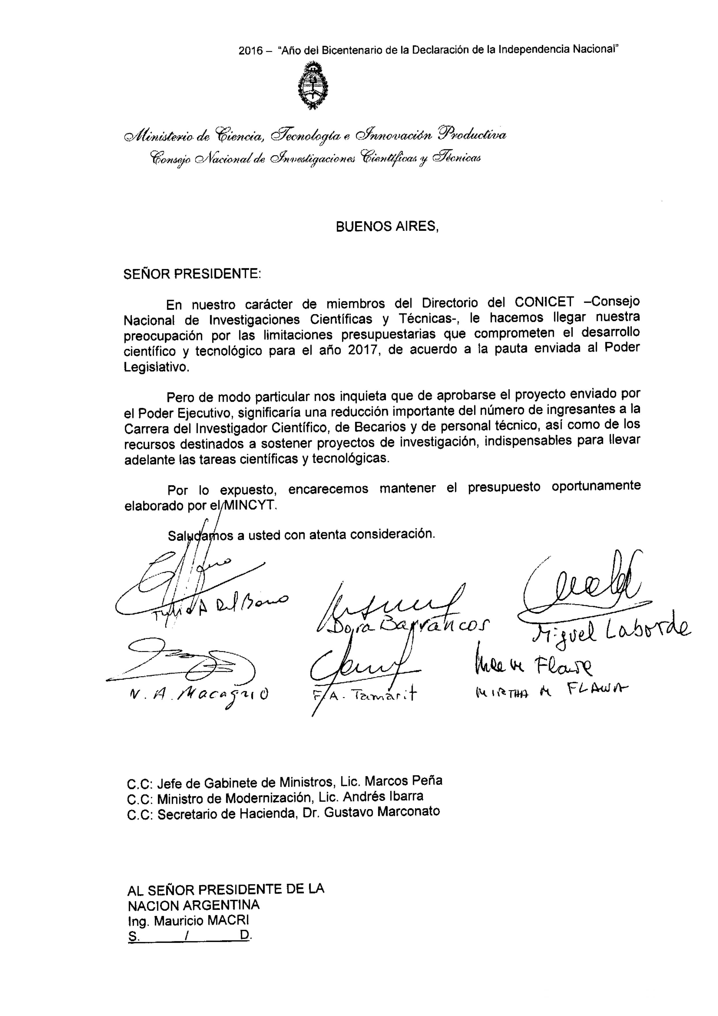 Carta del Directorio al Presidente de la Nación CONICET